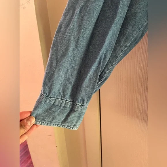 Men’s 90s Chambray Minimalist Preppy Denim Mandarin Collar Button Front 2X Shirt - Picture 3 of 6